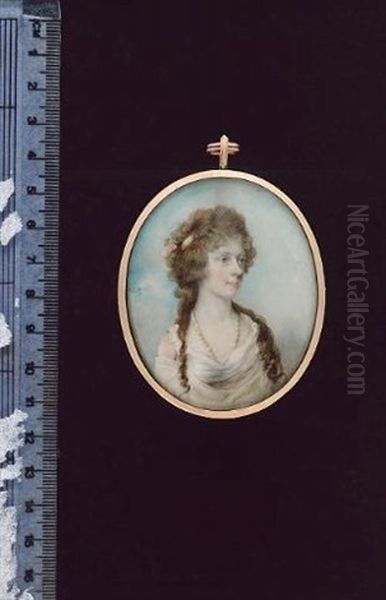 A Lady, Wearing White Dress With Pale Pink Waistband, White Shawl, Pearl Necklace And Pink Bandeau In Her Long Curled Hair - view 1