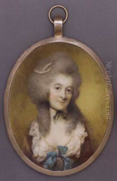 A Young Lady In Ruffle-bordered White Dress, Brown Cloak, A Portrait Miniature Suspended From A String Of Pearls At Corsage, Black Ribbon Choker, Pearls In Her Powdered Hair - view 1