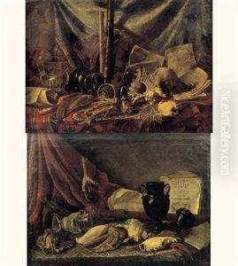 Natures Mortes De Coquillages, Vases Et Instruments De Musique Sur Des Entablements Recouverts De Tapis (pair) by Adriaen (Lossenbruy) Honich