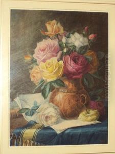 Still Life Of Roses And Sheet Music On A Tabletop