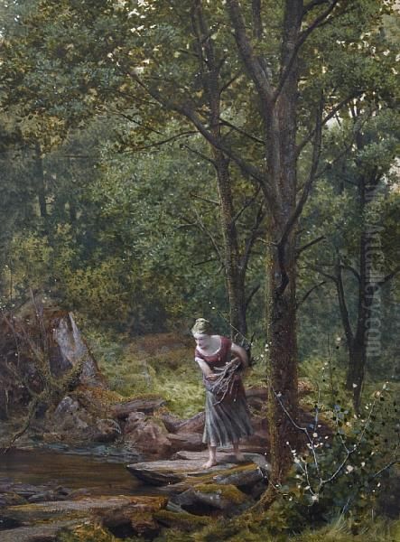 Young Girl Gathering Firewood, Crossing Awooded Stream - view 1