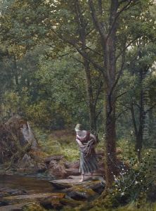 Young Girl Gathering Firewood, Crossing Awooded Stream by James Barnes