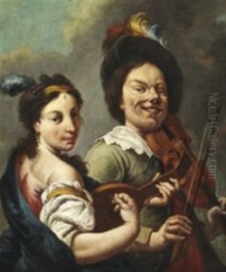 A Woman Is Playing The Mandolin While A Dwarf Is Trying To Play The Violin by Gerrit Van Honthorst