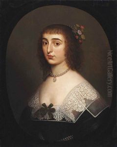 Portrait Of Elizabeth, Princess Palatine (1618-1680), Bust-length, In A Black Dress With A Reticella Lace Collar, In A Painted Oval (with Studio) by Gerrit Van Honthorst