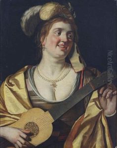 A Lady With A Mask Tuning A Guitar by Gerrit Van Honthorst