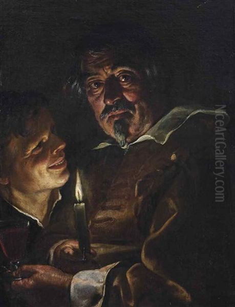 A Man Holding A Candle And A Glass Of Red Wine, And A Boy Embracing Him - view 1