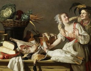 A Couple Courting In A Larder At A Table Laden With Food And Game