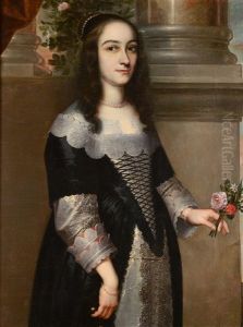 Portrait Of A Lady, Three-quarter Length, Wearing A Black Satin Dress Trimmed With Lace And Holding A Posy Of Flowers
