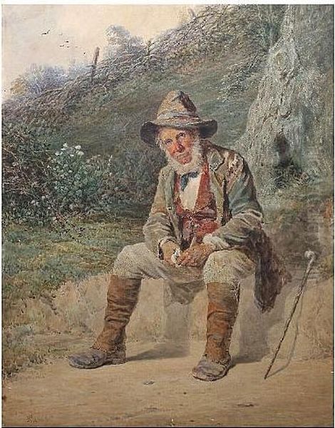 'a Quiet Pipe' - Old Man Resting By The Wayside - view 1