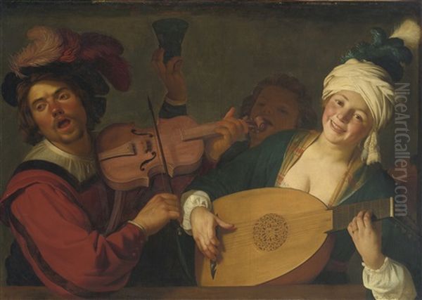 A Merry Group Behind A Balustrade With A Violin And A Lute Player - view 1