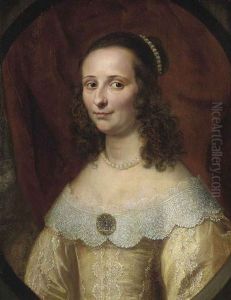 Portrait Of A Lady In A Yellow Embroidered Dress, With A Pearl Necklace And Pearl Ornaments In Her Hair