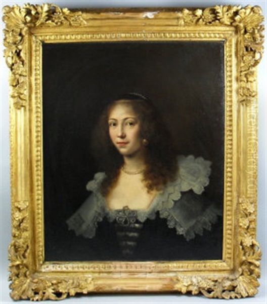 Portrait Of A Young Woman, Wearing A Black Dress And White Lace Collar, Dark Hair Curled And Natural, With Pearl Necklace, Earnings And Head Piece - view 1