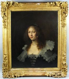 Portrait Of A Young Woman, Wearing A Black Dress And White Lace Collar, Dark Hair Curled And Natural, With Pearl Necklace, Earnings And Head Piece by Gerrit Van Honthorst