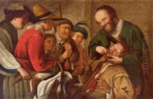 Der Zahnbrecher, Ein Junger Mann Mit Federbarett Entwendet Der Gebannt Die Zahnbehandlung Verfolgenden Geflugelhandlerin Die Gans by Gerrit Van Honthorst