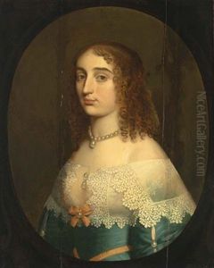 A Portrait Of A Lady, Bust Length, Wearing A Blue Satin Dress With A Pink Ribbon And A White Lace Collar And Pearl Jewellery, In A Painted Oval by Gerrit Van Honthorst