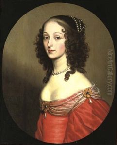 Portrait Of A Lady In A Red Dress And Transparent Scarf, With Strings Of Pearls In Her Hair And Around Her Neck by Gerrit Van Honthorst