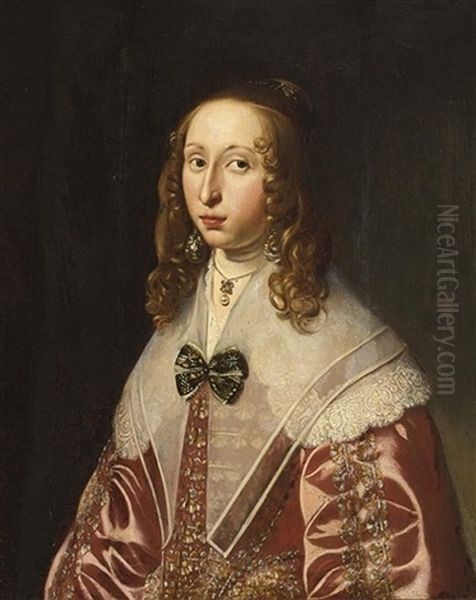 A Portrait Of A Lady Wearing A Red Satin Embroidered Dress With Lace And Pearl Jewellery - view 1