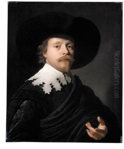 Portrait Of A Gentleman, Wearing A Black Coat, Cloak And Hat, And A White Ruff by Gerrit Van Honthorst