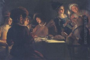 Frohliche Tischgesellschaft Bei Kerzenschein by Gerrit Van Honthorst