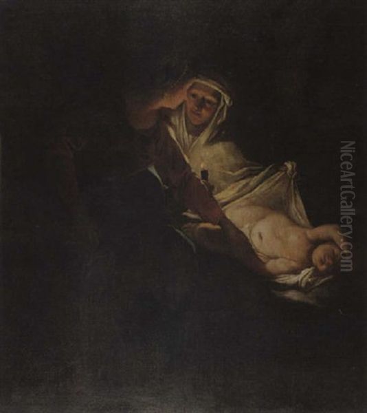 A Woman And Her Maidservant With Sleeping Child By Candlelight - view 1