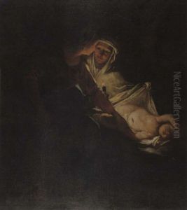 A Woman And Her Maidservant With Sleeping Child By Candlelight by Gerrit Van Honthorst