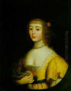 A Portrait Of A Lady Wearing A Yellow Dress Adorned With Lace And Pearls