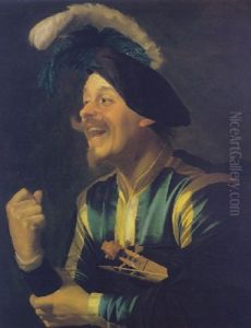 Portrait Of A Lauging Violinist, Wearing A Blue And Yellow Striped Doublet And Plumped Cap, With A Violin Tucked Under His Arm by Gerrit Van Honthorst