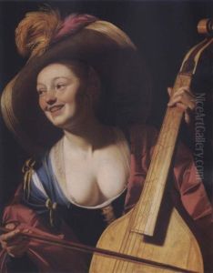 A Courtesan In A Straw Hat With A Viola Da Gamba