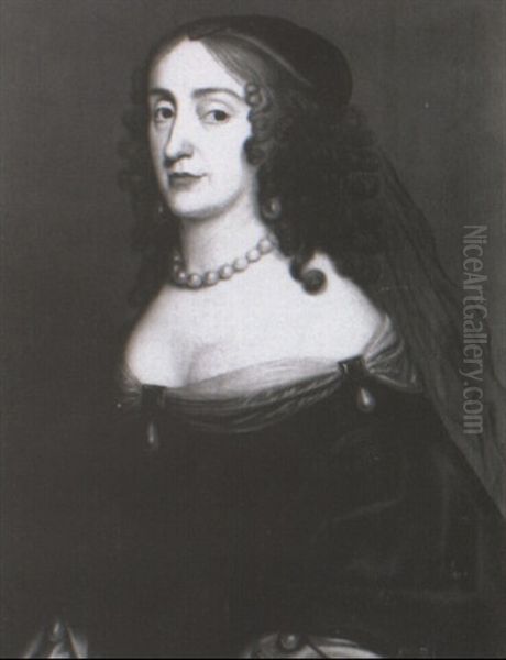 Portrait Of A Lady Wearing A Black Dress And Pearls - view 1