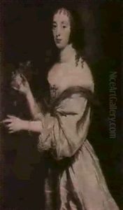 Portrait Of A Lady, Standing Three-quarter Length Wearing   A Blue Silk Dress And Holding Flowers In Her Right Hand. by Gerrit Van Honthorst