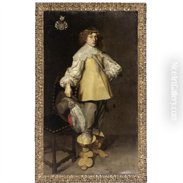Portrait Of A Young Man, Full-length Standing In An Interior, And Holding A Hat With Red And White Plumage - view 1