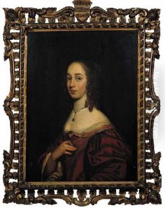 Portrait Of A Noblewoman Wearing A Red Silk Dress Decollete, Lace Wrap, Pearl Necklace And Earrings by Willem van Honthorst