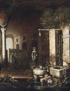 A Figure By A Well In A Grotto With A Sarcophagus, An Arcade Beyond