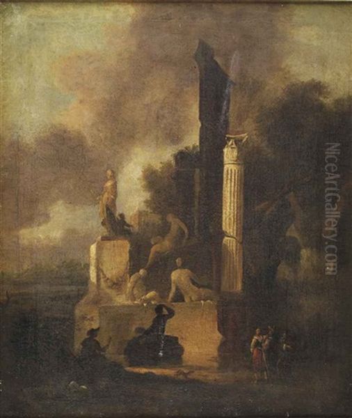 An Italianate Landscape With A Marble Sculpture, A Roman Column And Classical Ruins, An Artist Drawing And Figures Conversing In The Foreground - view 1