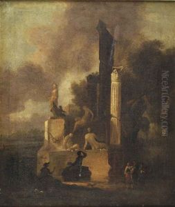 An Italianate Landscape With A Marble Sculpture, A Roman Column And Classical Ruins, An Artist Drawing And Figures Conversing In The Foreground by Charles Cornelisz de Hooch