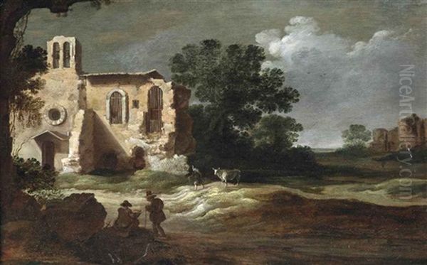 An Italianate Landscape With Figures By Classical Ruins - view 1