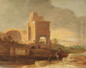 An Italianate Landscape With A Horseman And A Beggar On A Track Near Ancient Ruins by Charles Cornelisz de Hooch