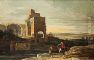 Paysage De La Campagne Romaine Avec Un Cavalier Et Un Villageois Pres D'un Edifice Antique En Ruine by Charles Cornelisz de Hooch