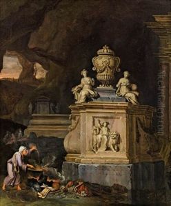 Hexe In Einer Felsgrotte Bei Einem Beschworungsritual Vor Einem Steinernen Monument