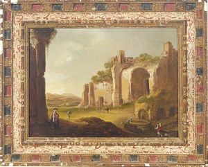 An Italianate Landscape With Figures Amongst Ruins by Charles Cornelisz de Hooch