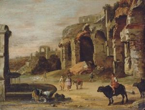 An Italianate Landscape With Figures By Classical Ruins by Charles Cornelisz de Hooch