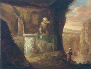 A Huntsman And His Dog In A Cave By Classical Ruins, A River Beyond by Charles Cornelisz de Hooch