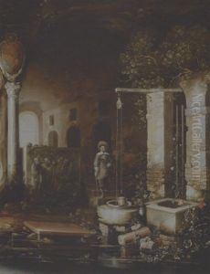 A Gentleman By A Well In A Grotto With A Sarcophagus, A Deserted Arcade Beyond