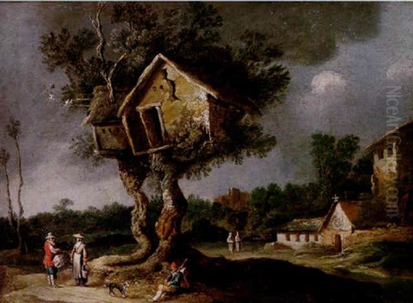 An Open Landscape With Travellers Resting On A Path Before A Dovecote, A Monastery Beyond - view 1