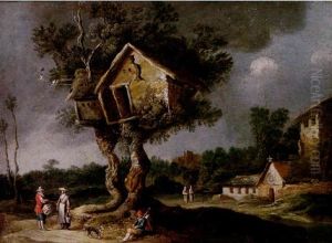 An Open Landscape With Travellers Resting On A Path Before A Dovecote, A Monastery Beyond An Open Landscape With Travellers Resting On A Path Before A Dovecote, A Monastery Beyond