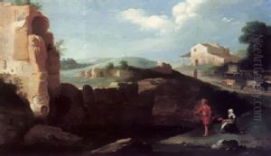 A Mountainous Landscape With Ruins And A Farm, Fishermen, Travellers, And A Shepherd Leading Cattle by Charles Cornelisz de Hooch