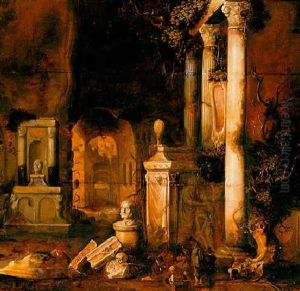 A Capriccio Of Roman Tombs And Architectural Ruins In A Grotto With Beggars Playing Cards At The Foot Of A Column