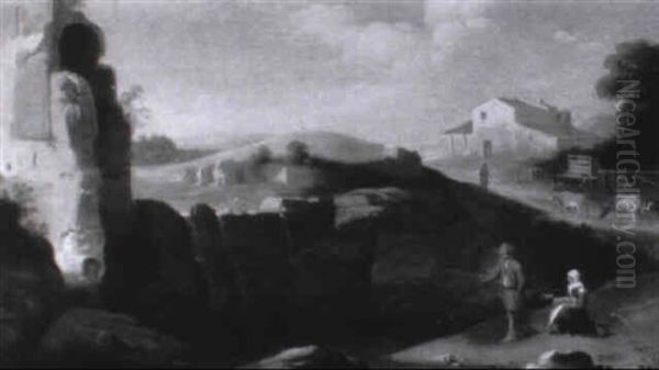 Le Pecheur Et La Bergere Dans Un Paysage De Cascade Aux Ruines Antiques - view 1