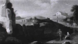 Le Pecheur Et La Bergere Dans Un Paysage De Cascade Aux Ruines Antiques