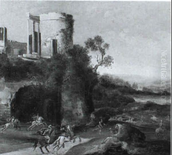 An Extensive Landscape With A Cavalry Battle Between Roman  Soldiers Beneath Classical Ruins - view 1